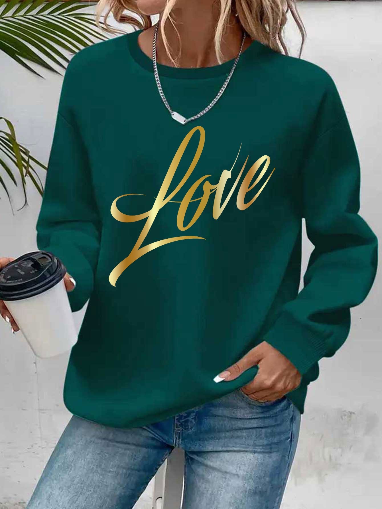 Casual Crew Neck Sweatshirt With Love Letter Graphic Print