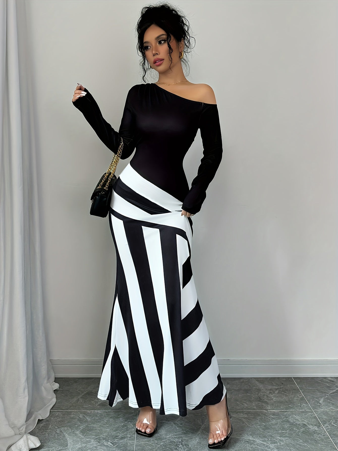 Elegant Off Shoulder Striped Maxi Dress For Women Everyday