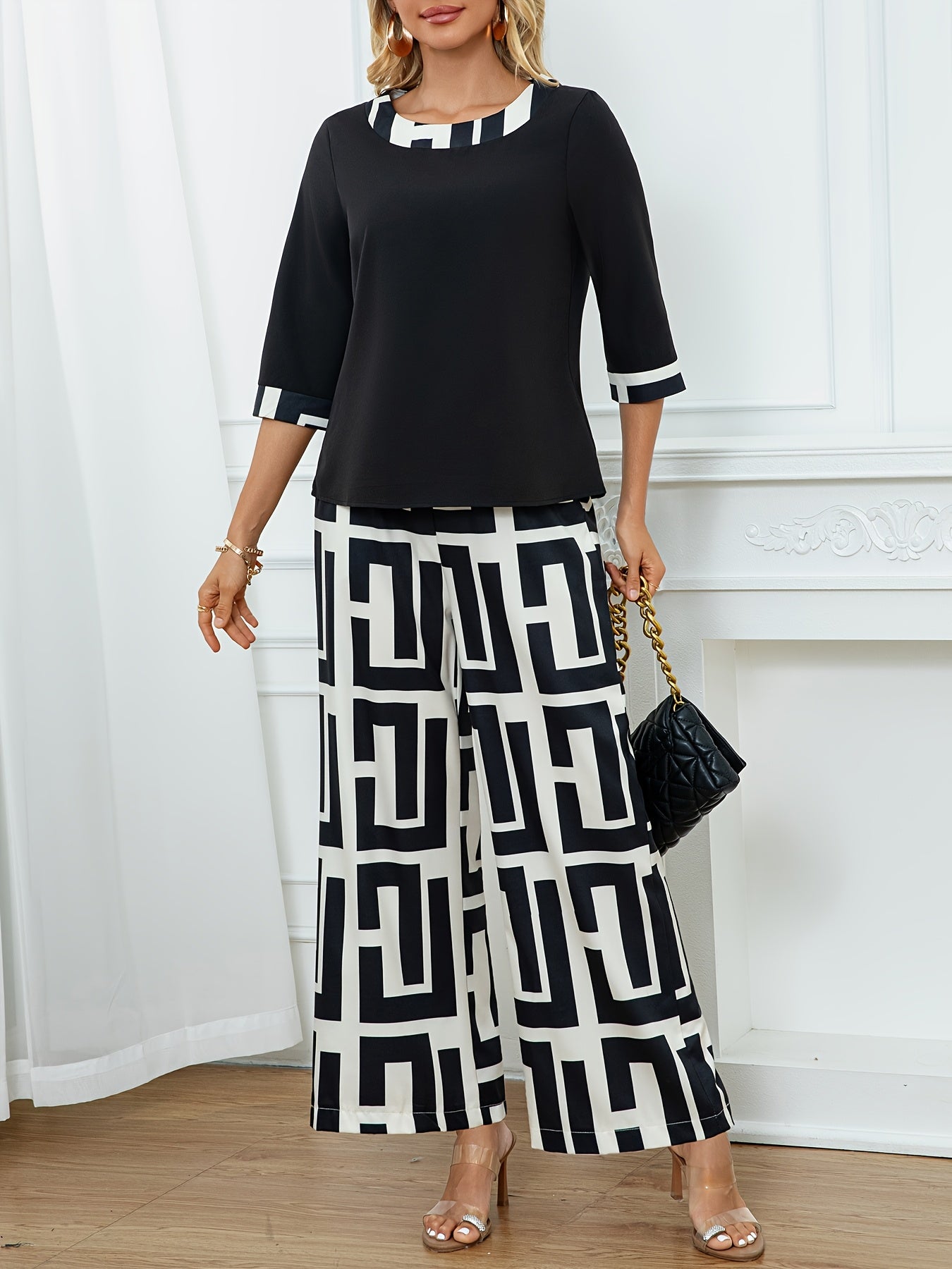 Women'S Elegant Patchwork Round Neck Top + Geometric Print Wide Leg Pants Two Piece Set, Polyester, All-Season, with Fake Drawstring Detail