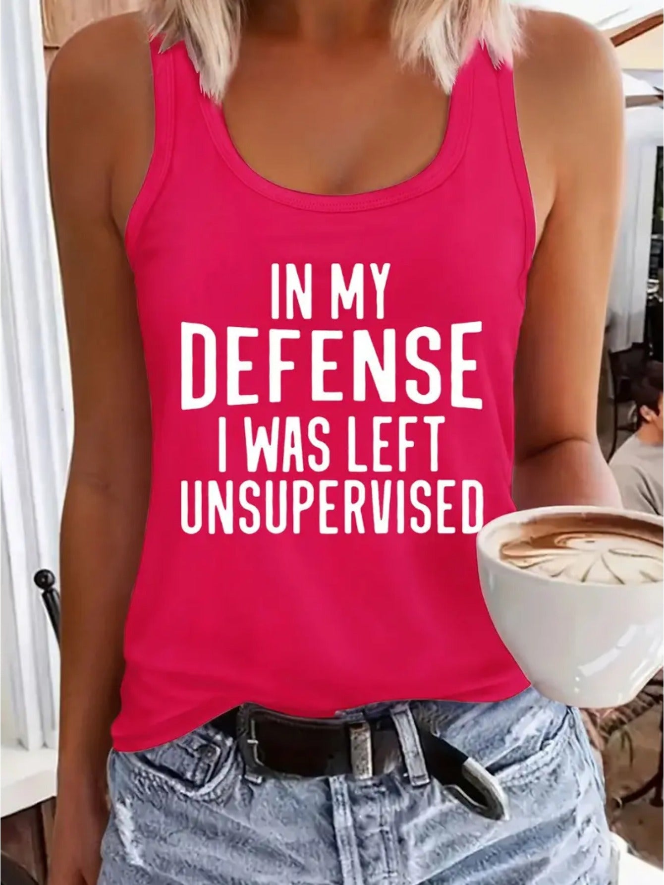 [Vibrant Red Vest] Vibrant Red 1pc Women's Sleeveless Vest "In My Defense I Was Left Unsupervised" | Breathable 180GSM Fabric, Round Neck, Casual Summer Top, Machine Washable, Regular Fit