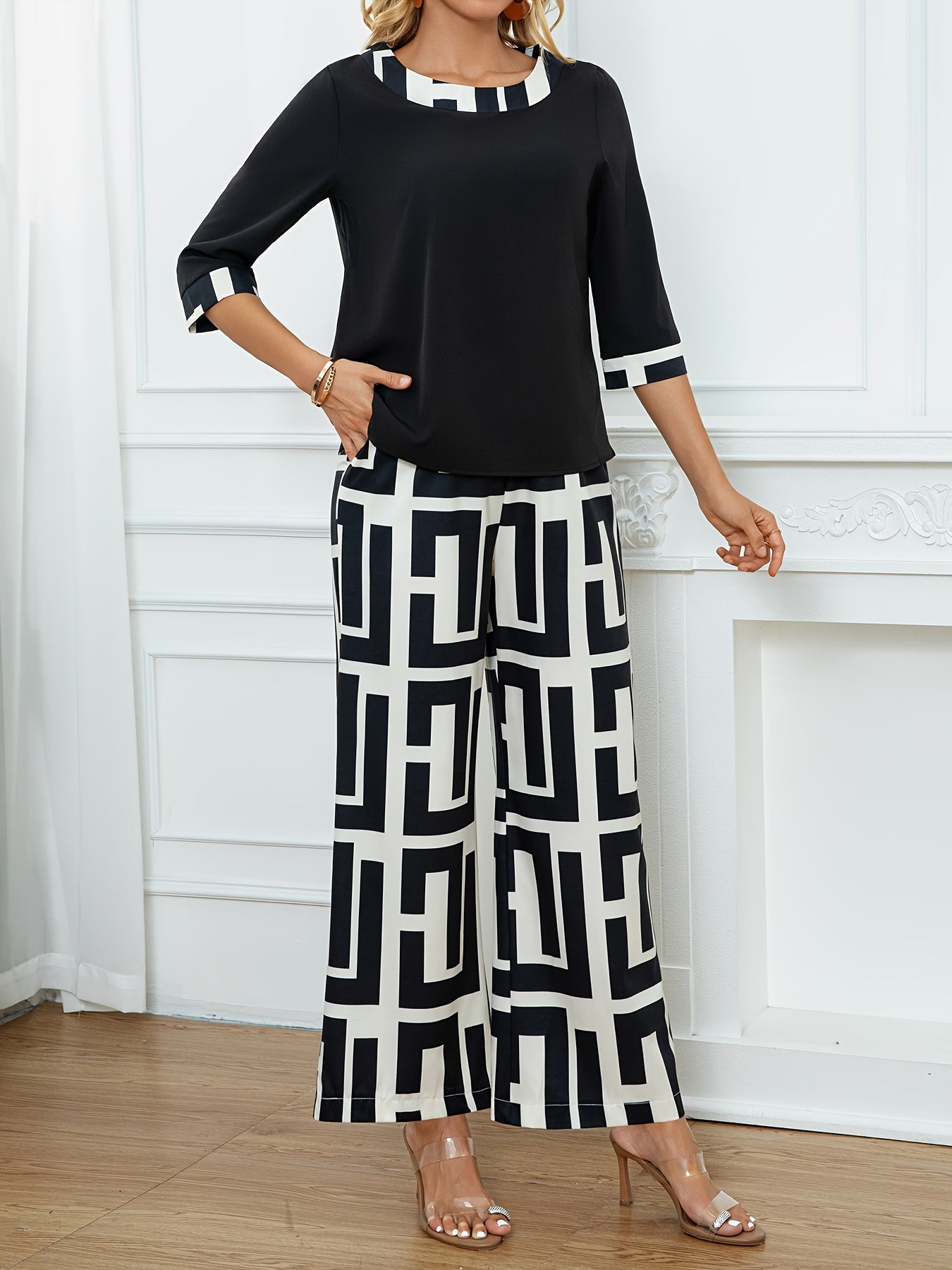 Women'S Elegant Patchwork Round Neck Top + Geometric Print Wide Leg Pants Two Piece Set, Polyester, All-Season, with Fake Drawstring Detail