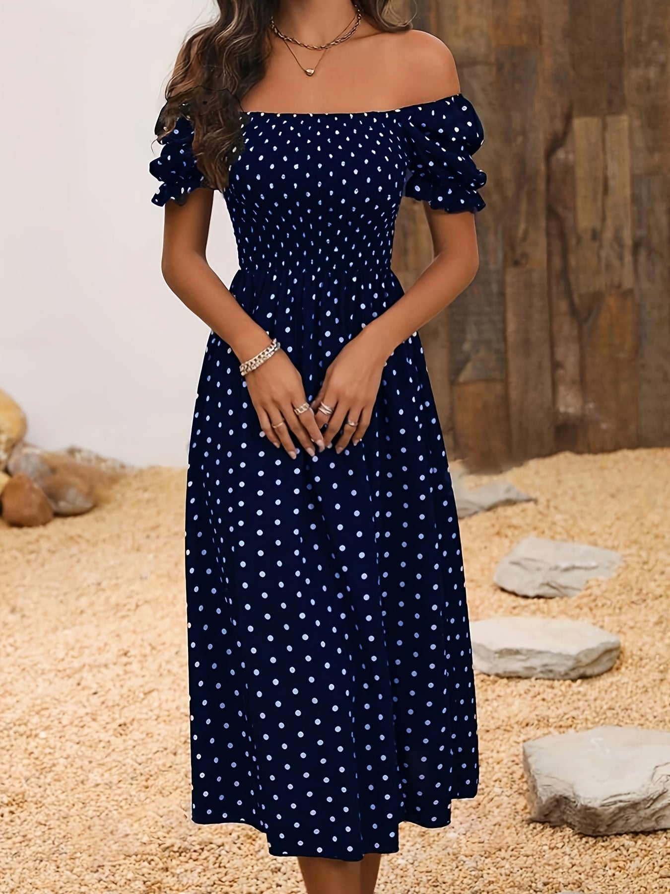 Elegant Off-Shoulder Red & White Polka Dot Mum Dress with Shirred Waist - Chic Summer Two-Way Wear for Women, Off Shoulder Dress