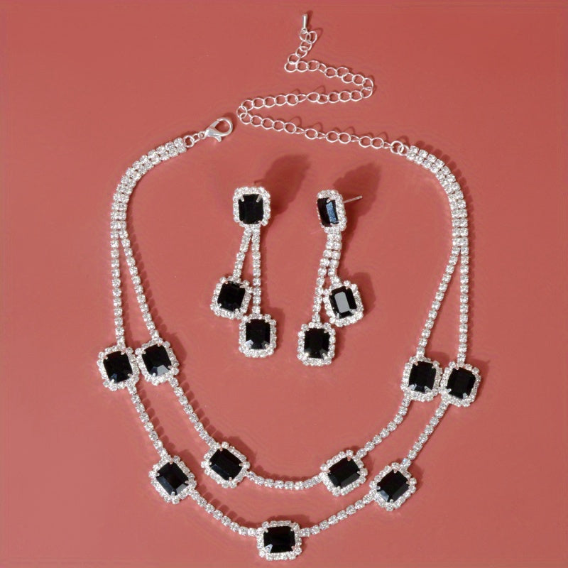 Bridal Rhinestone Necklace and Earrings Set Multi Layer