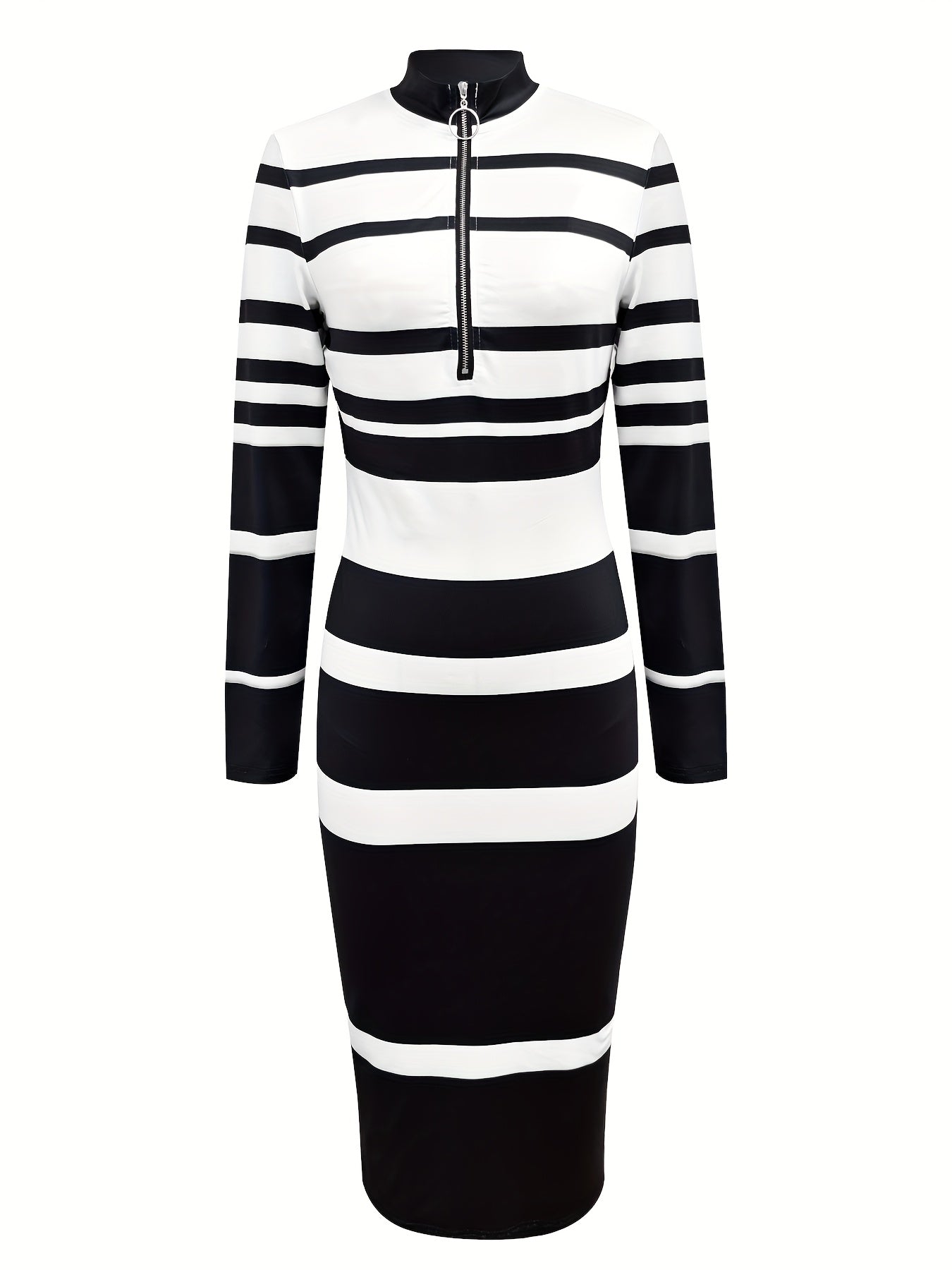 Stripe Stretchy Bodycon Dress With Zipper Crew Neck