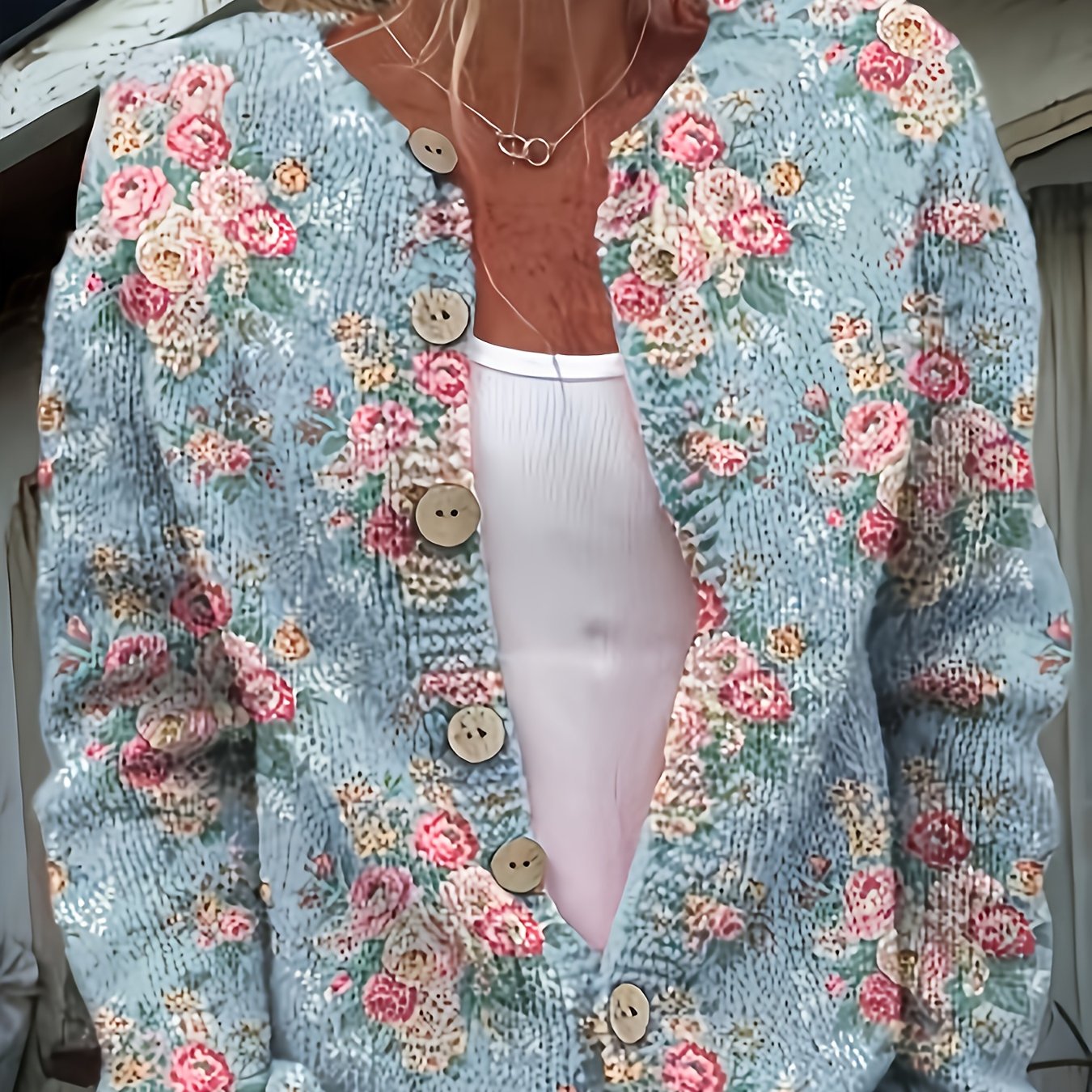 Womens Casual Printed Button Front Lightweight Knit Cardigan