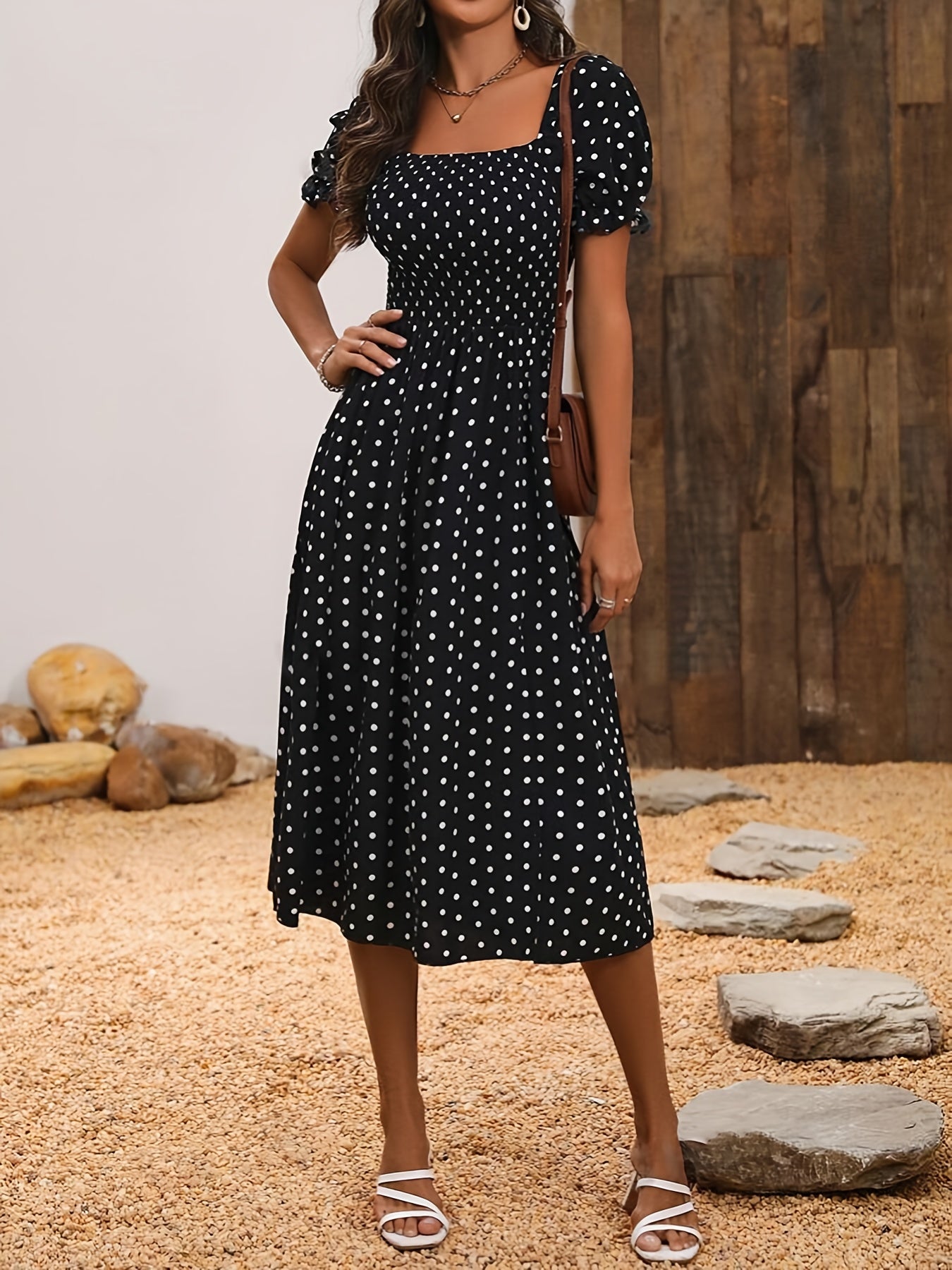 Elegant Off-Shoulder Red & White Polka Dot Mum Dress with Shirred Waist - Chic Summer Two-Way Wear for Women, Off Shoulder Dress