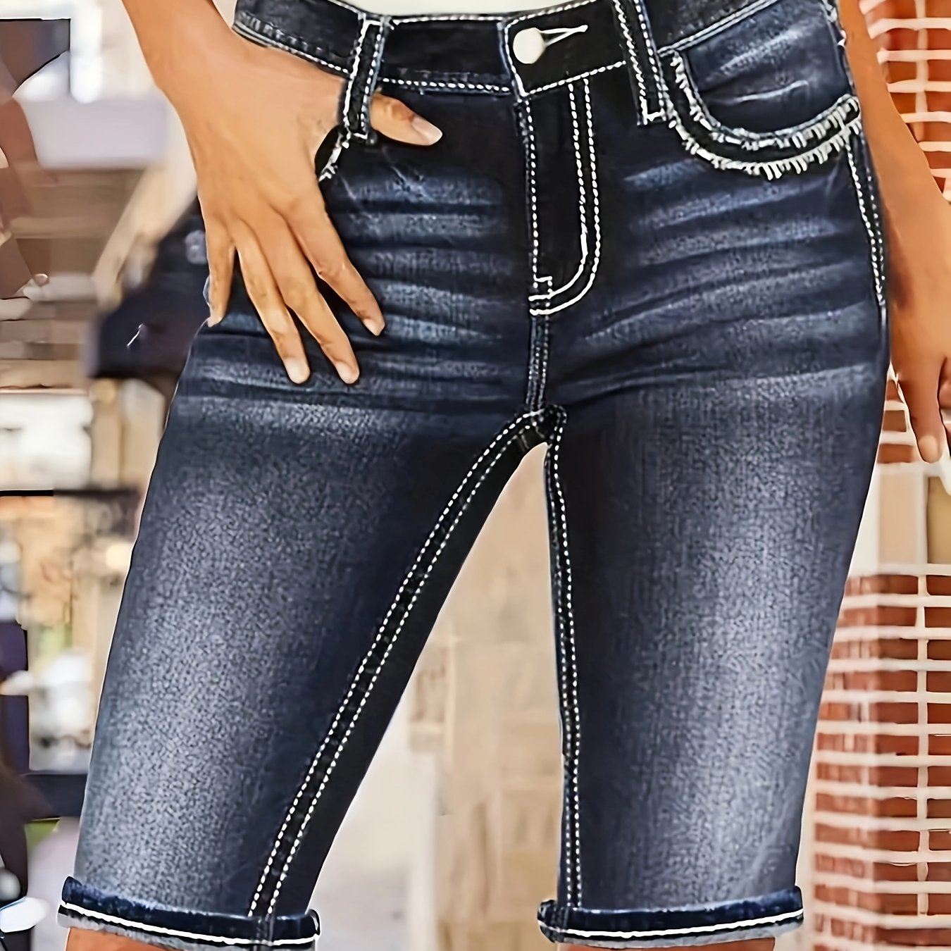 Women'S Stretch Denim Mid-Thigh Shorts Embroidered Fashion Comfortable Versatile Women'S Denim Shorts