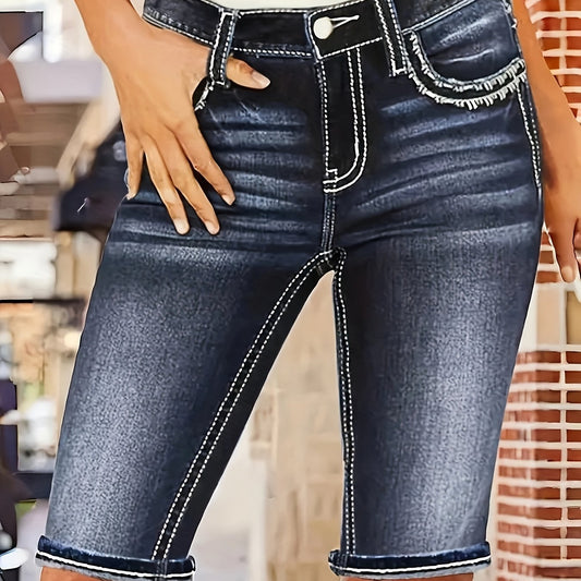 Women'S Stretch Denim Mid-Thigh Shorts Embroidered Fashion Comfortable Versatile Women'S Denim Shorts