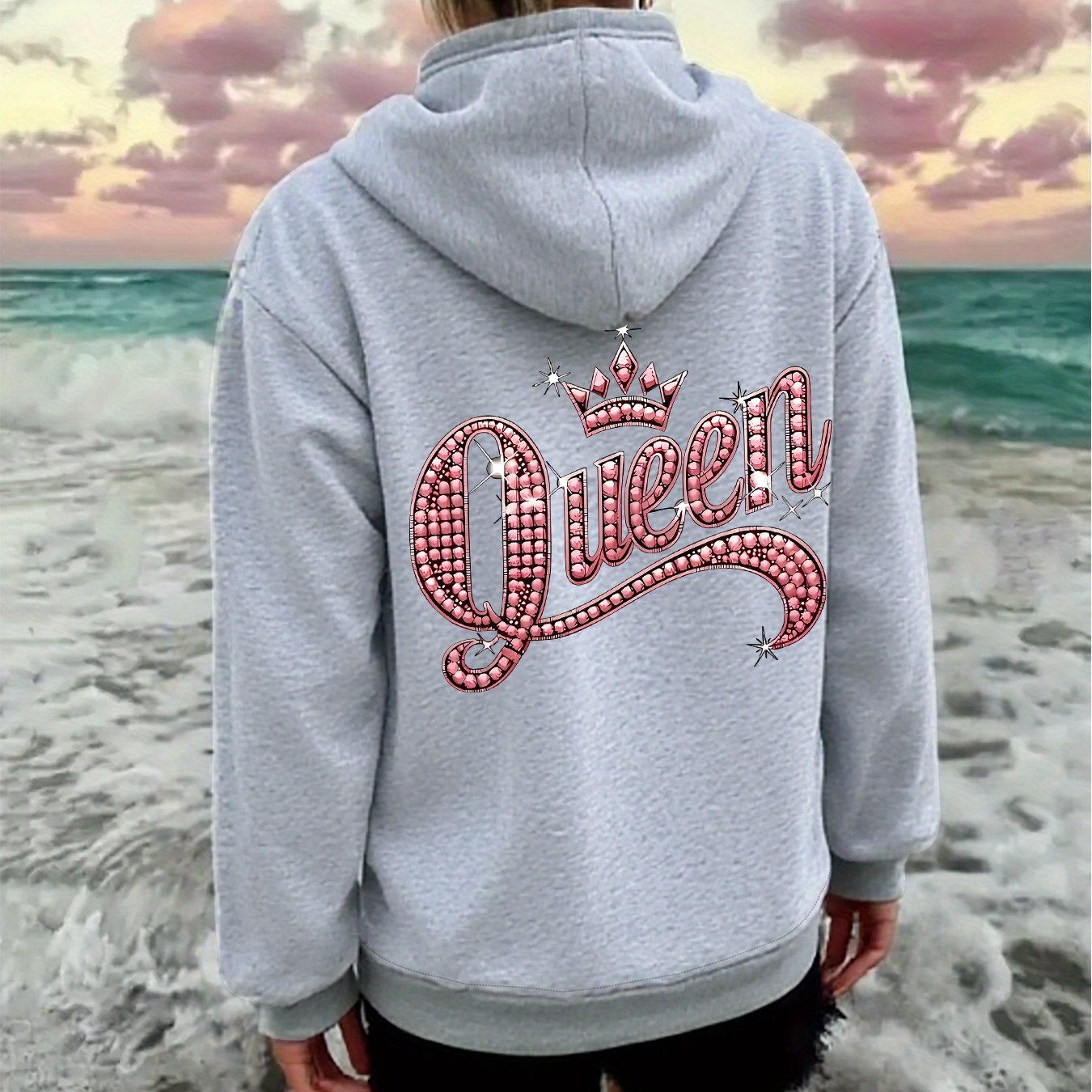 Pink Queen Graphic Hoodie Zipper Jacket Rhinestone Letters