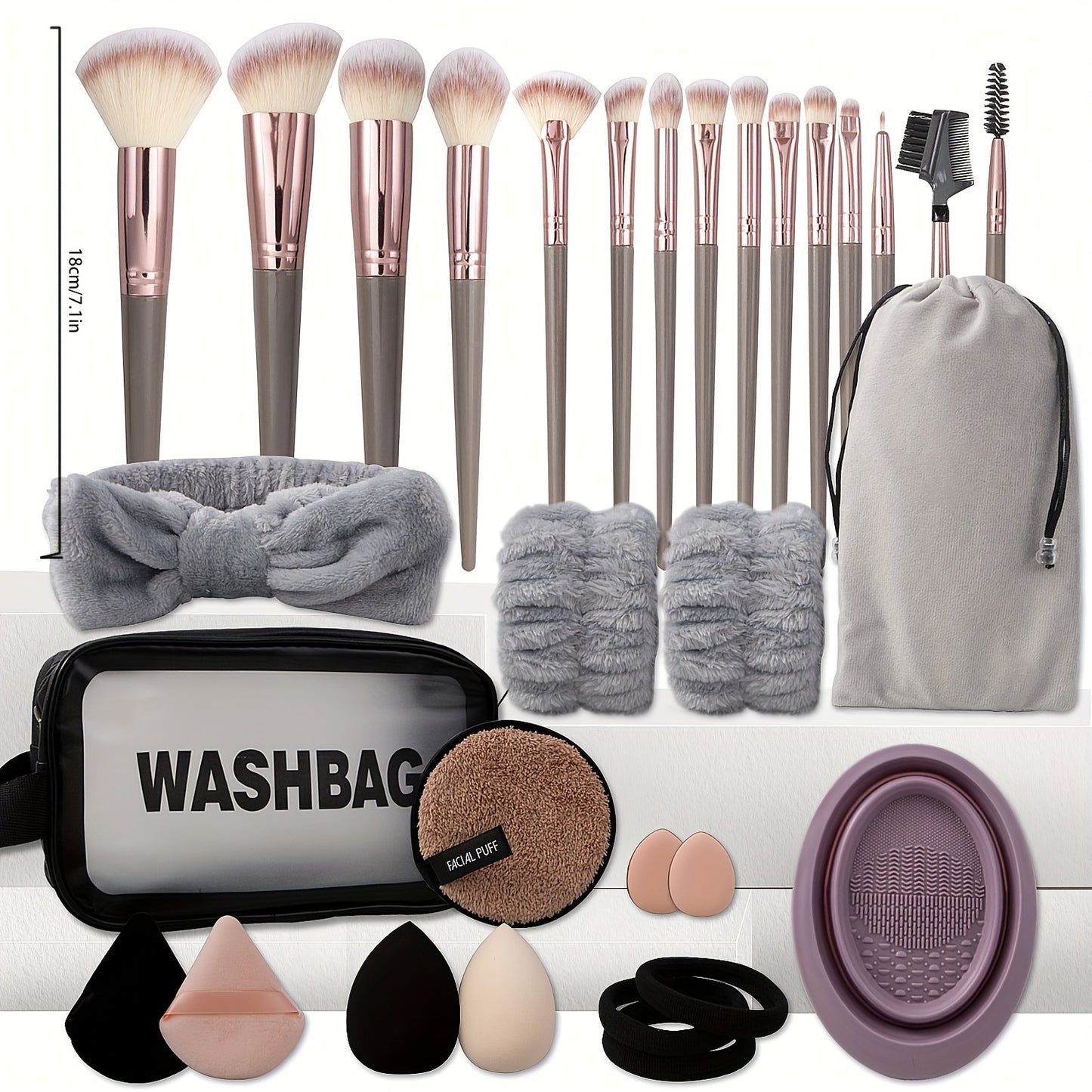 Professional Makeup Kit Brush&Beauty Blender&Makeup Remover Puff&Cleaning Mat&Bathroom Bag, Foundation Brush Eye Shadow Brush, Travel Easy Carrying, Gift Set for Beginner, for School Beauty Tools set, Teen Girl Trendy Stuff,