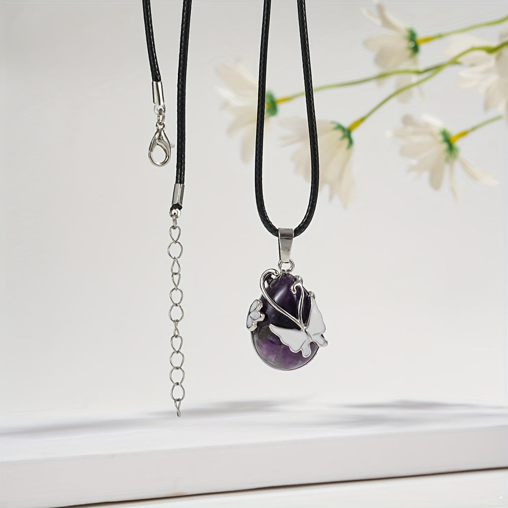 Gemstone Bracelet and Amethyst Butterfly Pendant Necklace Jewelry Set