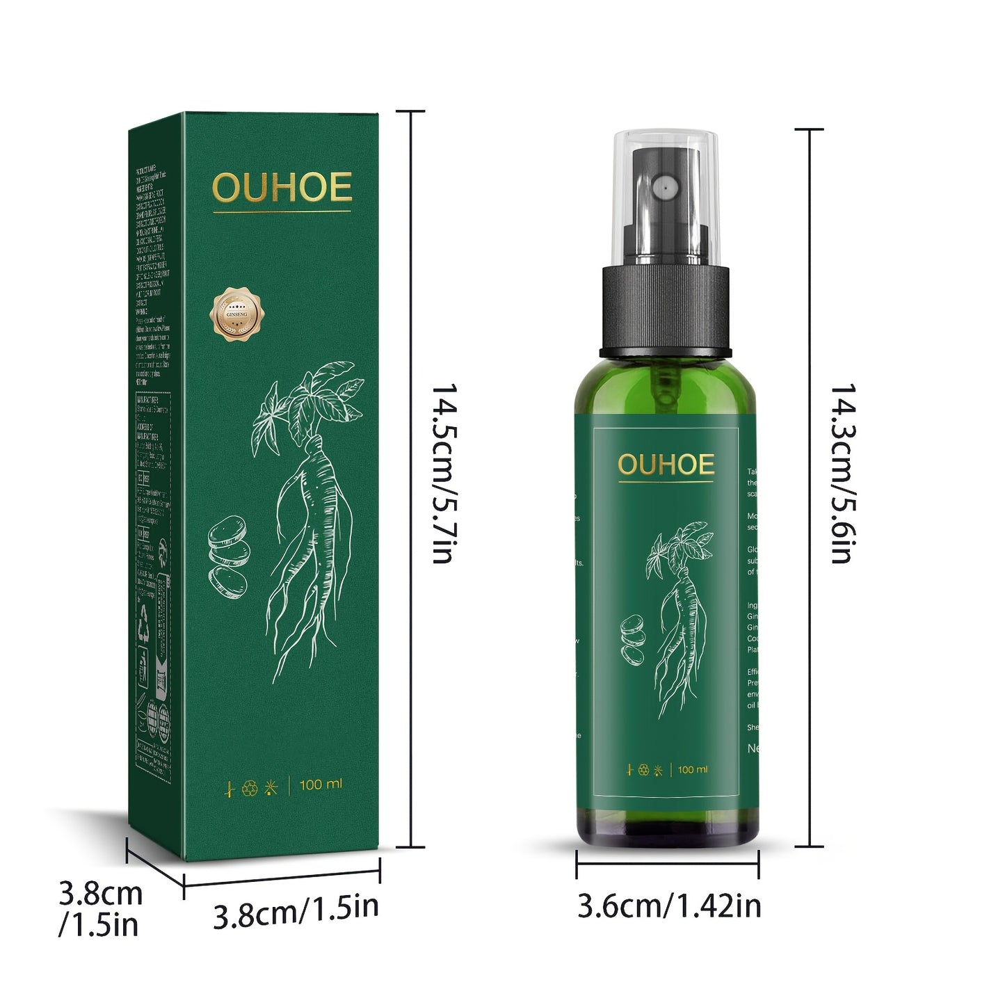 OUHOE Ginseng Hair Treatment Spray - 3.38fl.oz/100ml, 2-in-1 Nourishing Formula with Korean Red Ginseng Extract for Frizz Control & Silky Smooth Hair | Gentle Cleansing, Oil Control, Moisturizing - Daily Hair Care Essential f
