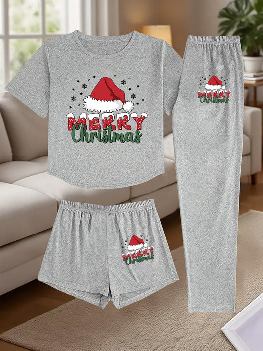 3pcs Women's Christmas Pajama Set - Black & Red Short Sleeve T-Shirt, Shorts & Lounge Pants with White Elastic Waistband - Holiday Sleepwear & Casual Outfit, Machine Washable Spring/Summer Pajamas for & Women