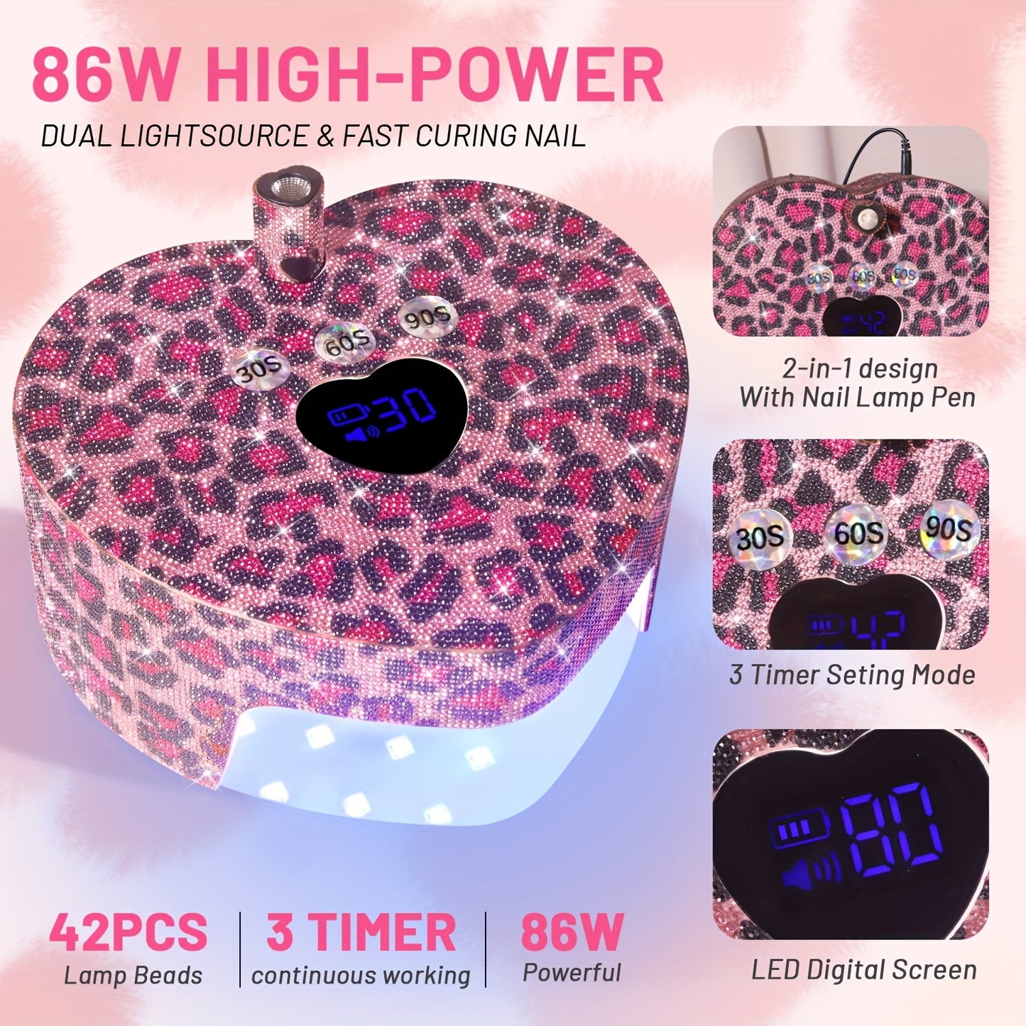 86W Cordless LED Nail Lamp with A Handheld Nail Lamp, 4 Timer Setting Touch Control & Auto Sensor for Gel Nail Polish with Sparkling Nail Rhinestones, with Heart Shape