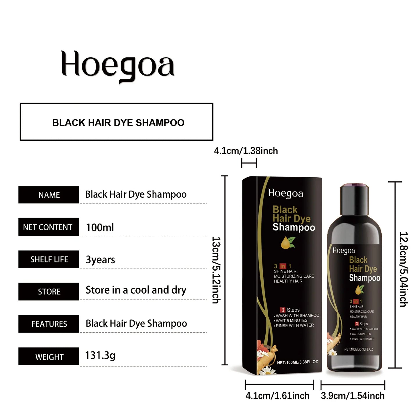 Hoegoa 100ml 3 In 1 Herbal Black Hair Dyeing Shampoo Instant Color Gray To Natural Black Polygonum Multiflorum Hair Dye Shampoo