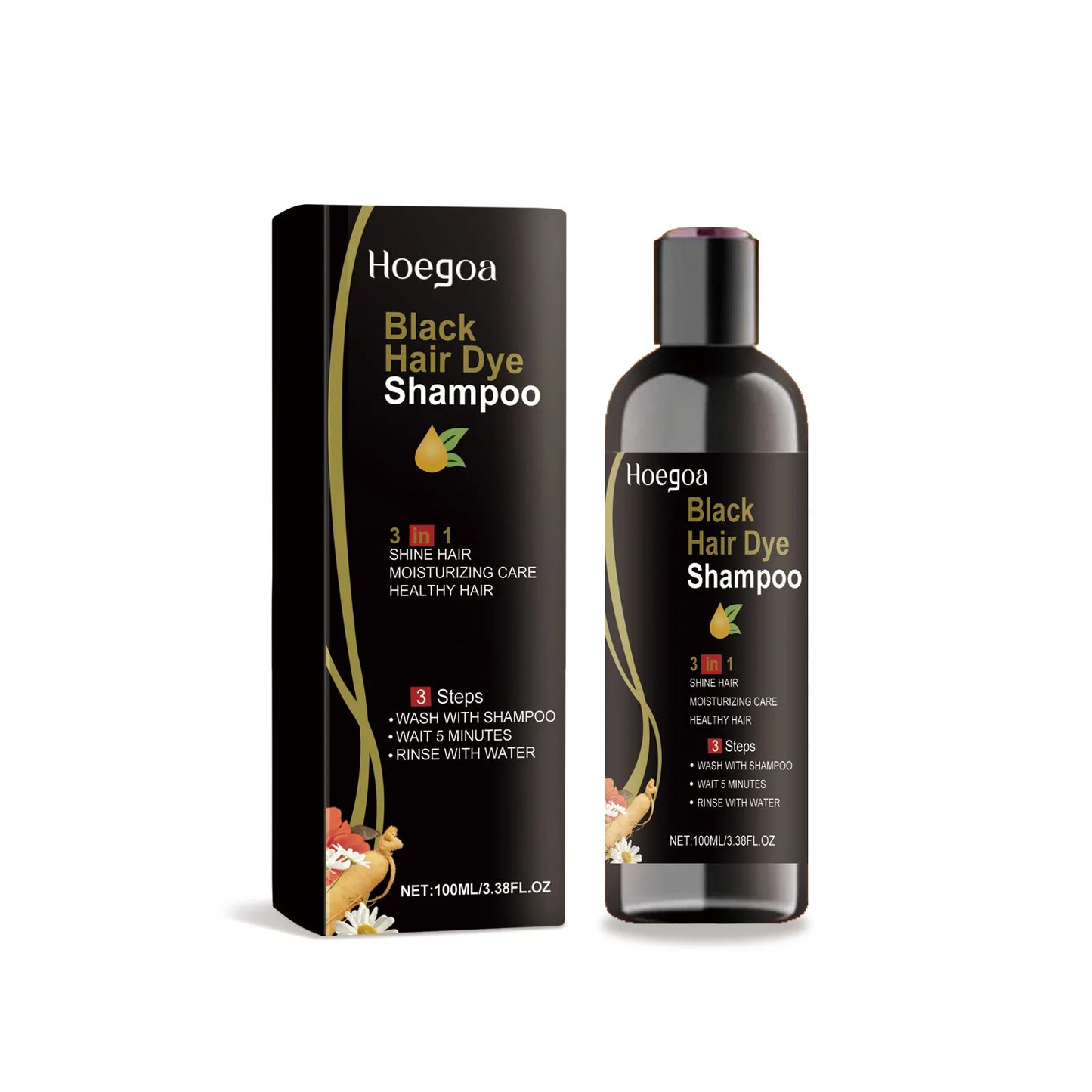 Hoegoa 100ml 3 In 1 Herbal Black Hair Dyeing Shampoo Instant Color Gray To Natural Black Polygonum Multiflorum Hair Dye Shampoo