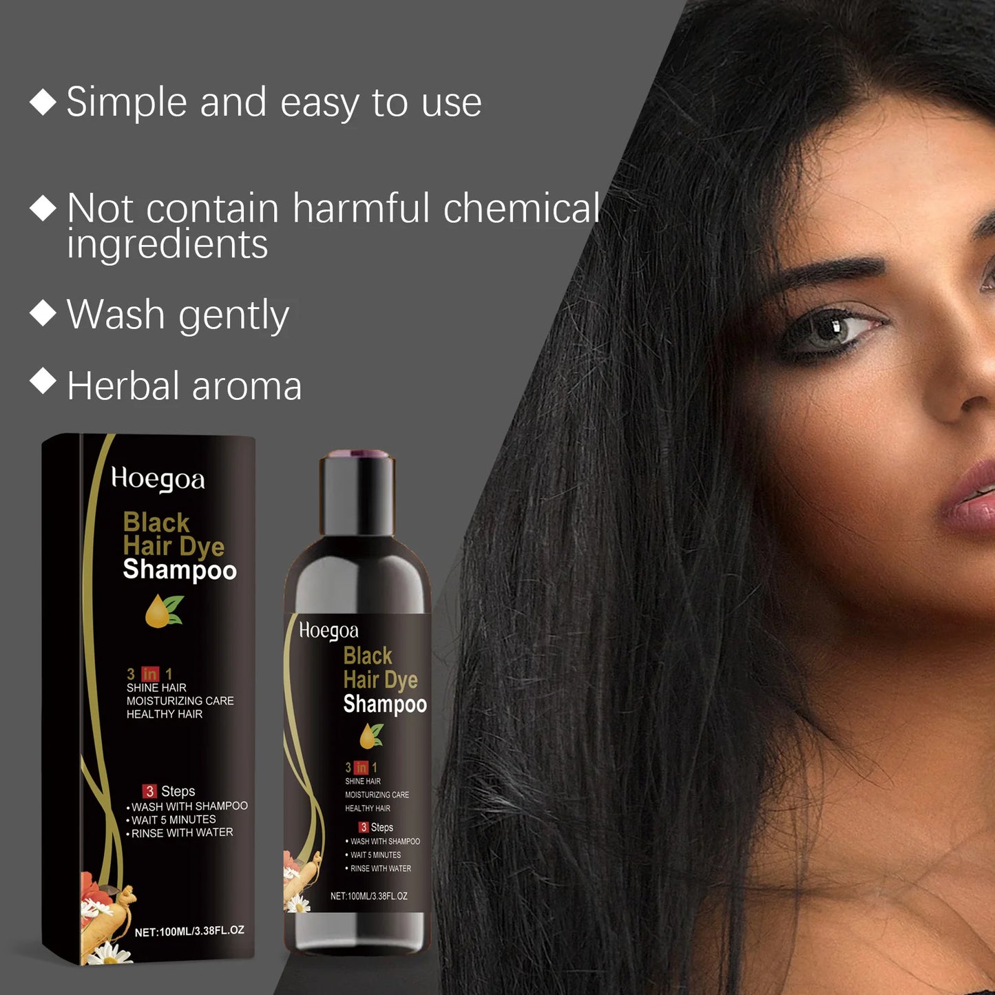 Hoegoa 100ml 3 In 1 Herbal Black Hair Dyeing Shampoo Instant Color Gray To Natural Black Polygonum Multiflorum Hair Dye Shampoo