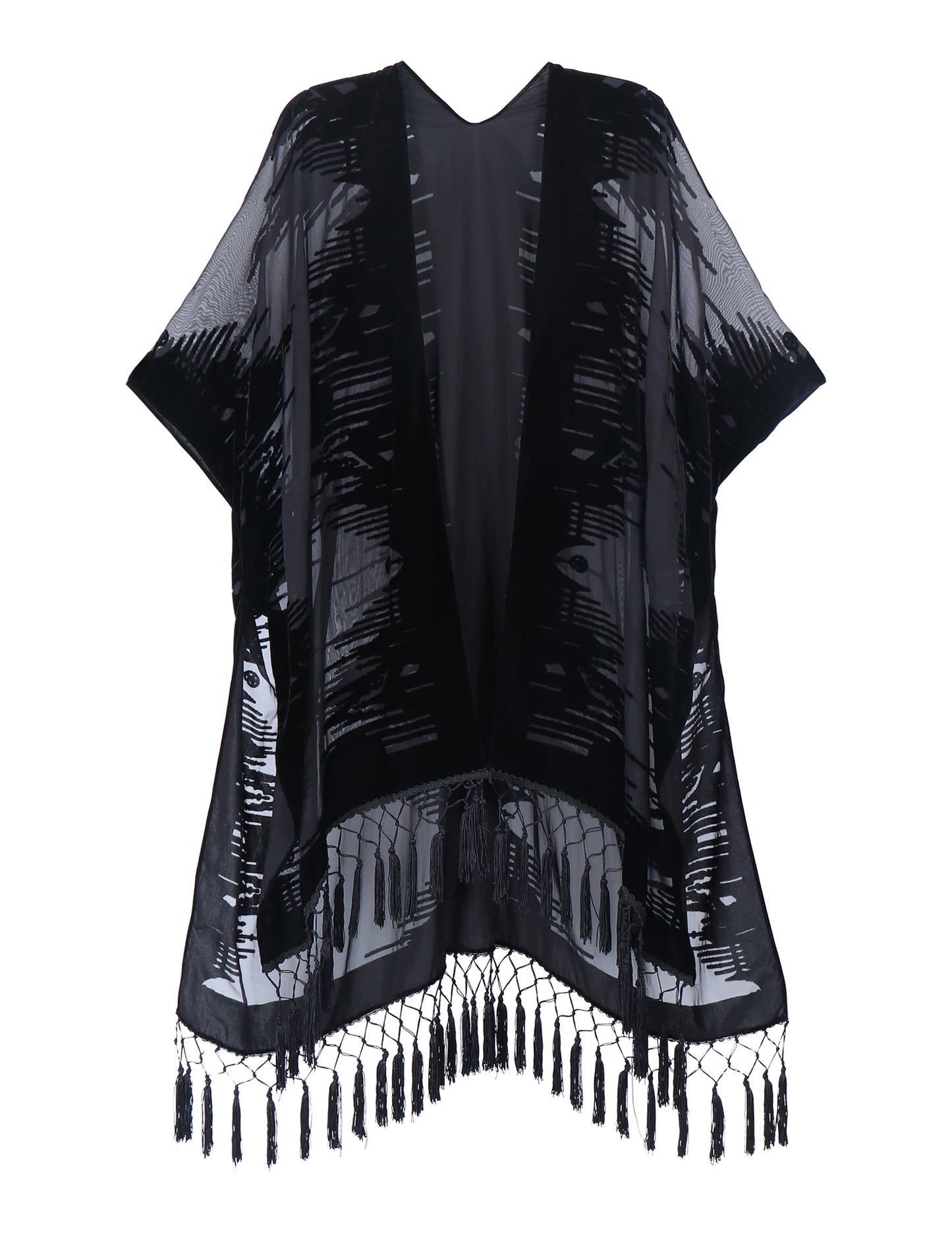 WeHello Women's Burnout Velvet Kimono Long Cardigan Cover Up with Tassel Burgundy Casual Cardigan Shawl Oversize Top