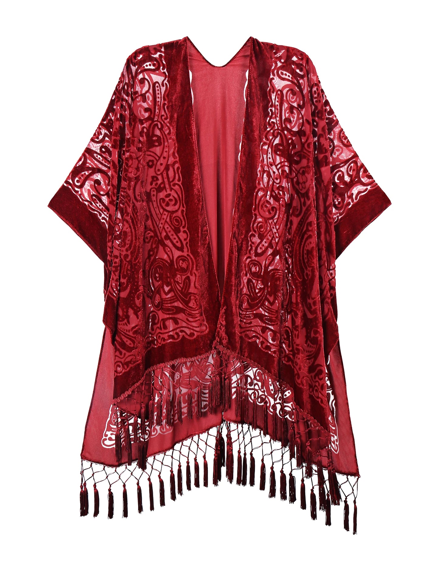 WeHello Women's Burnout Velvet Kimono Long Cardigan Cover Up with Tassel Burgundy Casual Cardigan Shawl Oversize Top