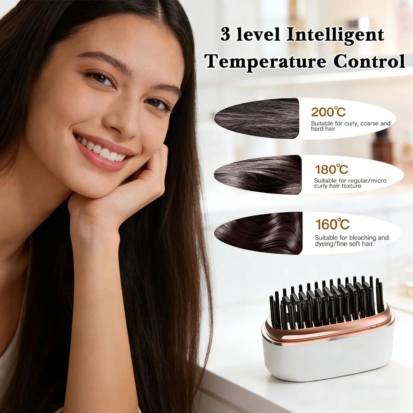 Mini Cordless Hair Straightener Brush Rechargeable Portable Hot Comb Rapid Heat 3 Temp Control Travel Styling Tools USB Charging
