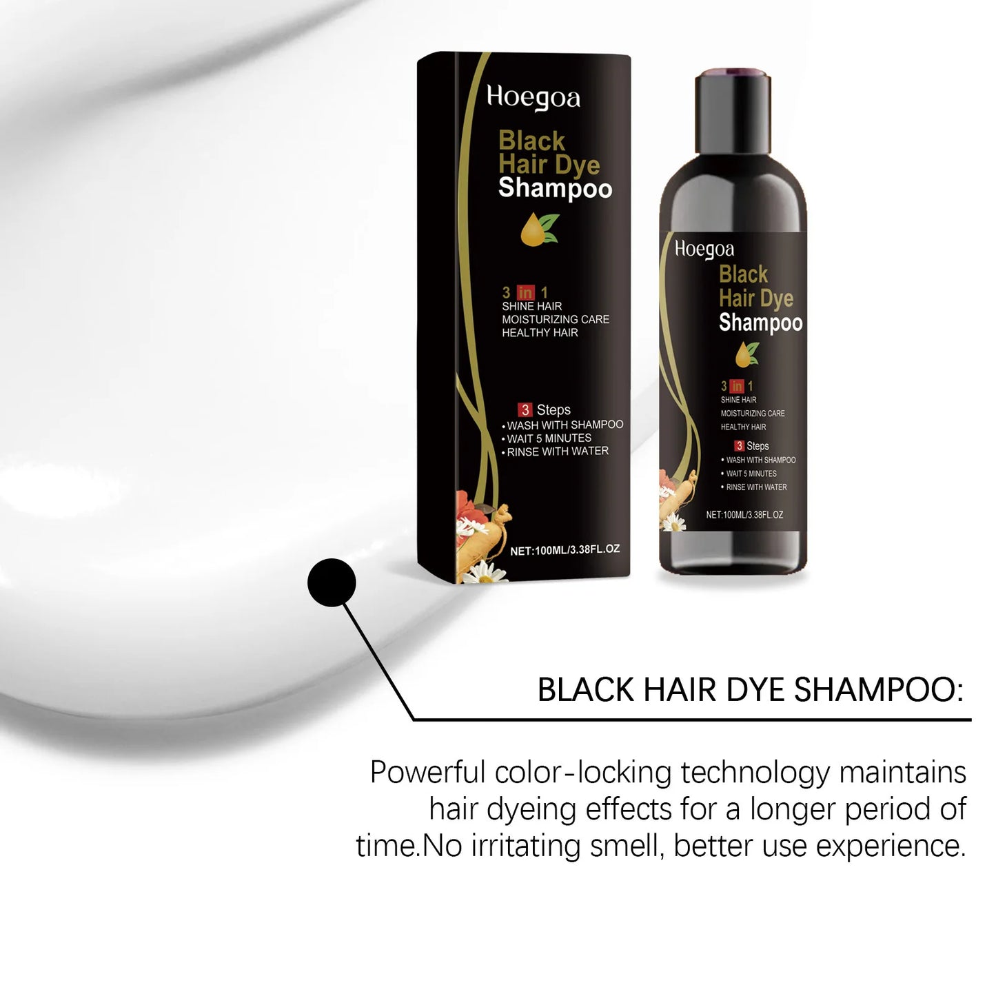 Hoegoa 100ml 3 In 1 Herbal Black Hair Dyeing Shampoo Instant Color Gray To Natural Black Polygonum Multiflorum Hair Dye Shampoo