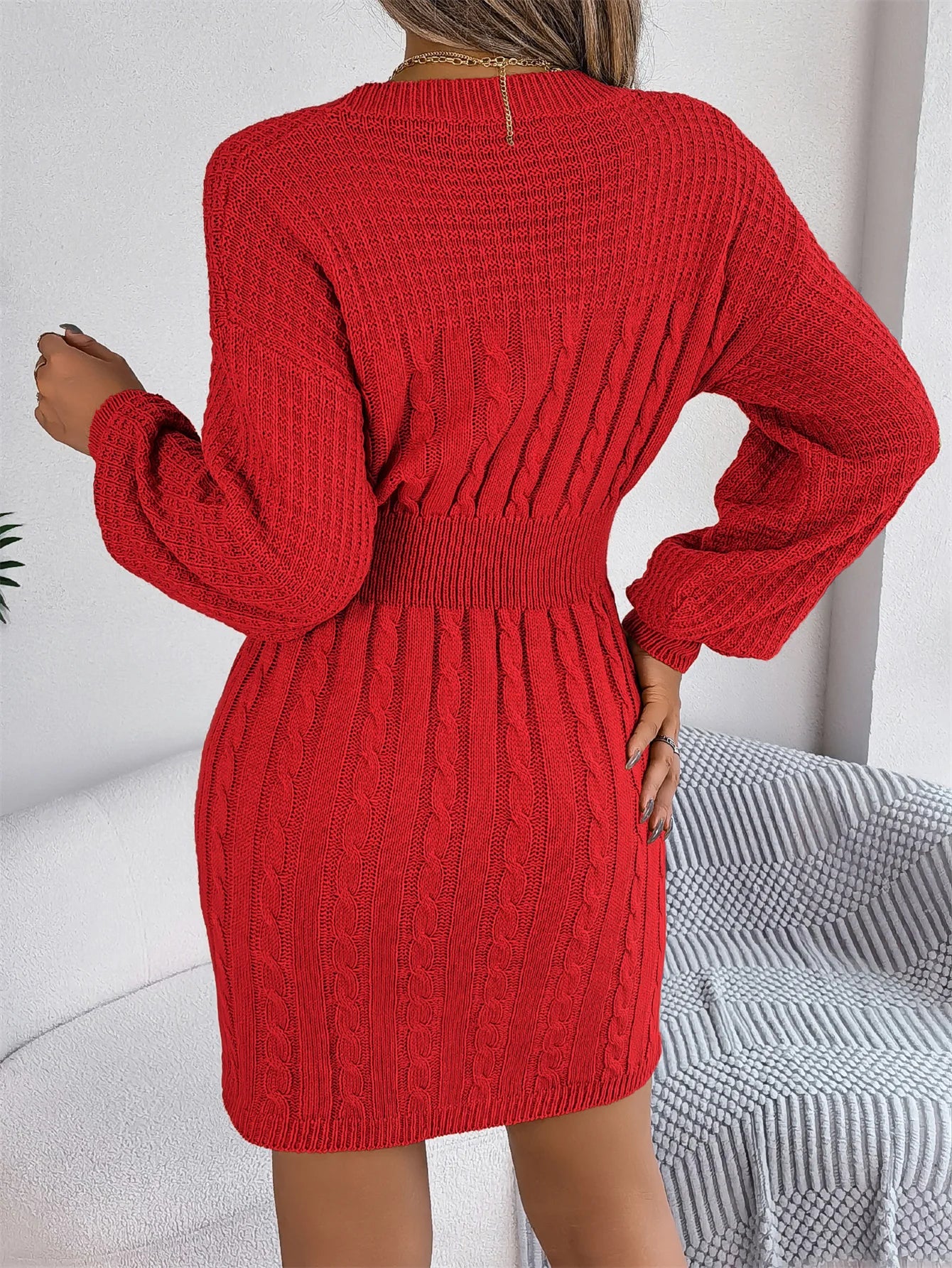Women Fall Winter Sultry Openwork Fitted Bodycon Sweater Dress Long Sleeve Round Neck Solid