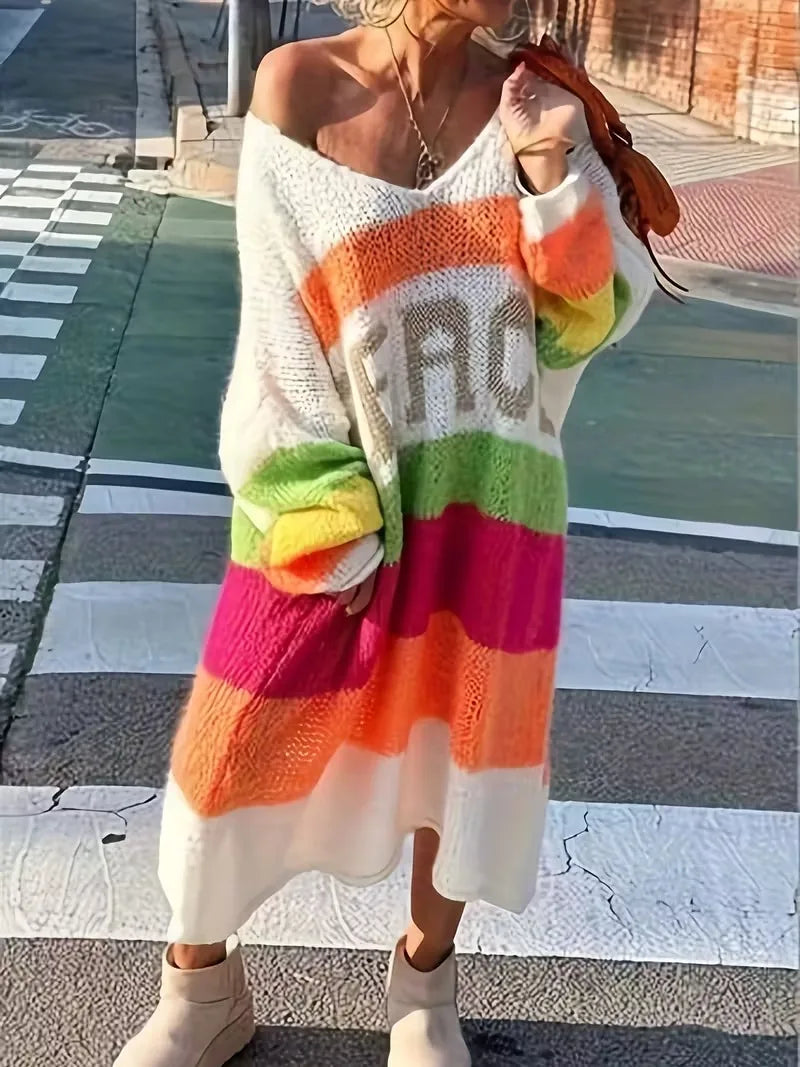 Women's Rainbow Striped V-Neck Sweater with Peace Letter Design - 3/4 Sleeve Loose Fit Casual Pullover for Autumn Winter