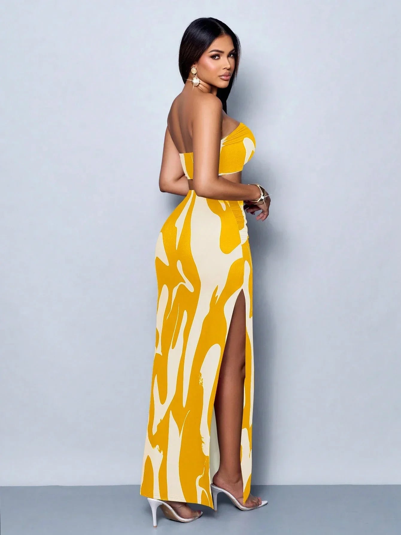 Abstract Print Strapless Two-Piece Set: Crop Top With High Slit Maxi Skirt