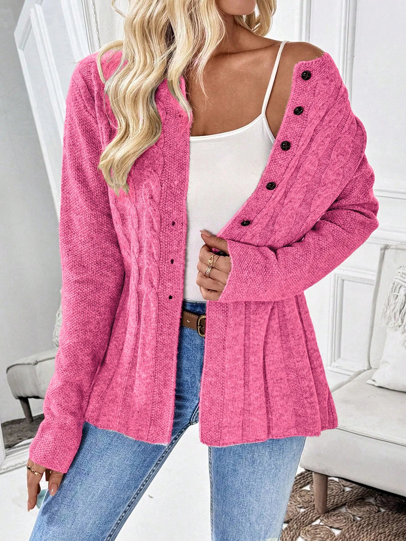 Women's simple solid color long sleeved cardigan knitted sweater for autumn and winter