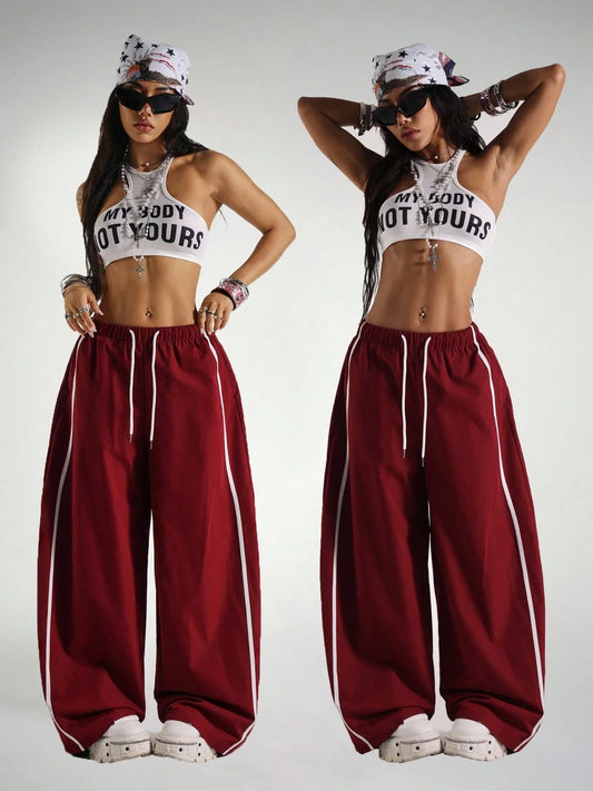 Women's Drawstring Waist Wide Leg Loose Sporty Barrel Pants