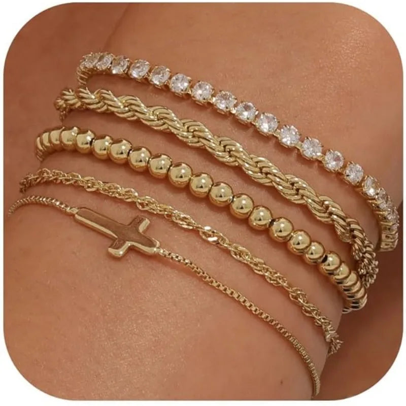 14K Gold plated Bracelets for Women Stack Layered Chunky Chain Bracelets Waterproof Link Cuff Bracelet Mothers' Day Jewelry Gift