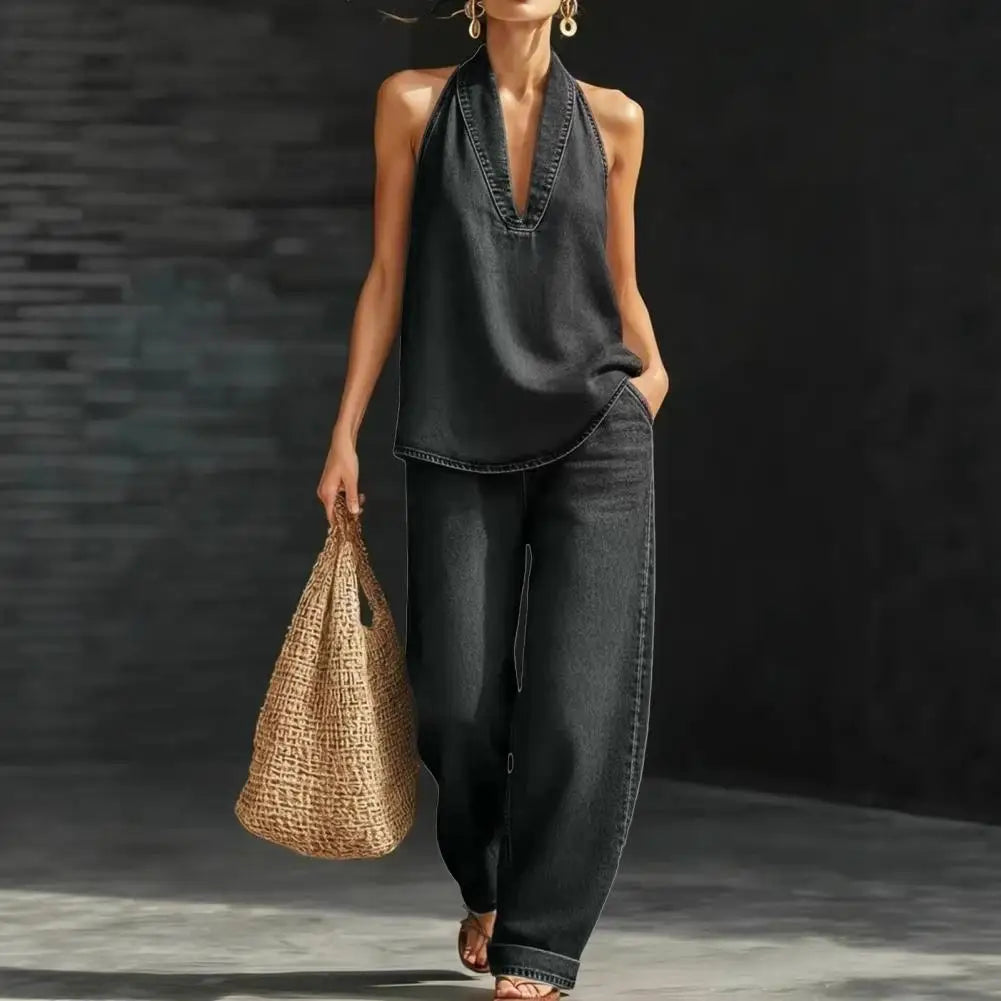 Women Denim Vest Pants Set Summer Vintage Washed Denim Sleeveless Hanging Neck V-neck tank top Straight Leg Pants OL Commuting