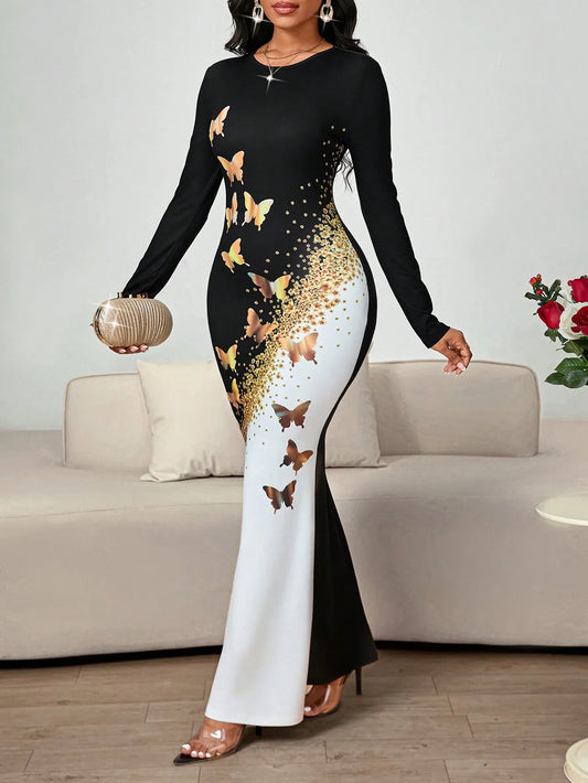 Butterfly Print Long Sleeve Mermaid Dress for Women - Black & White Party Prom Evening Gown