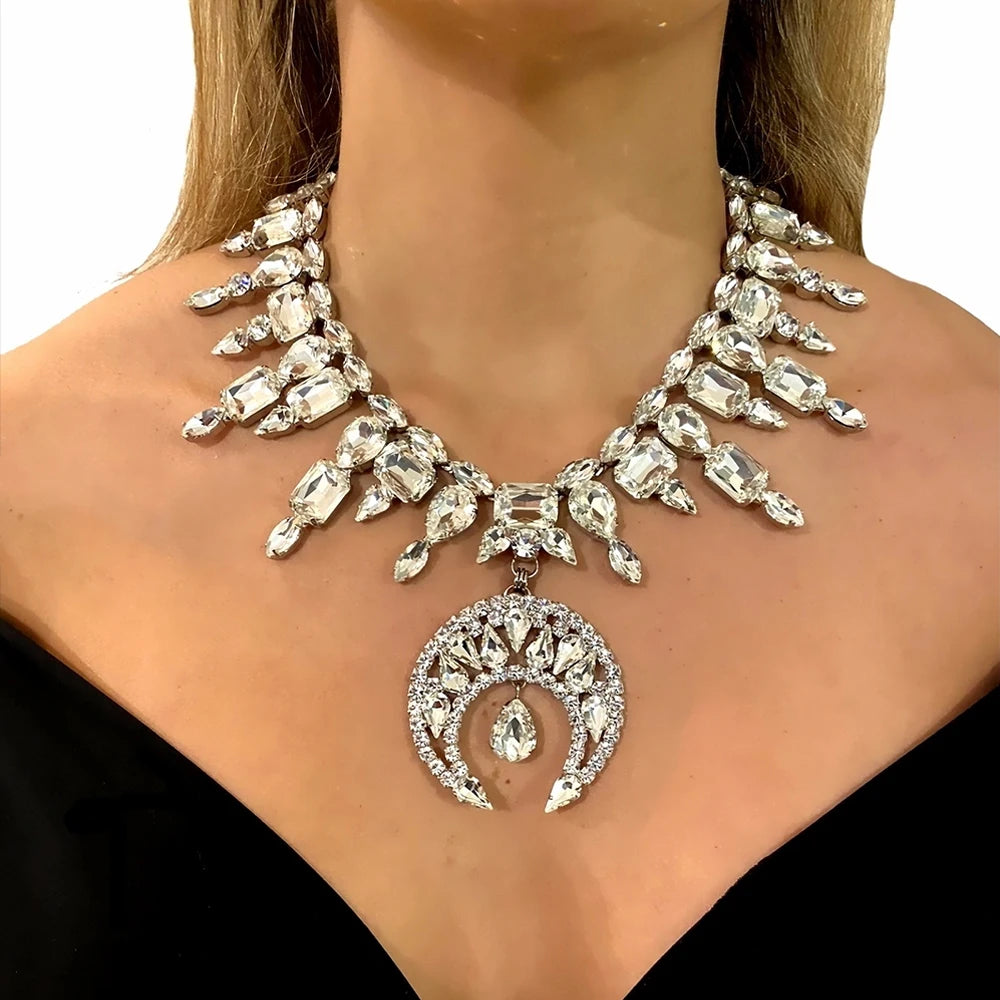 Crystal Moon Pendant Necklace Earrings Set