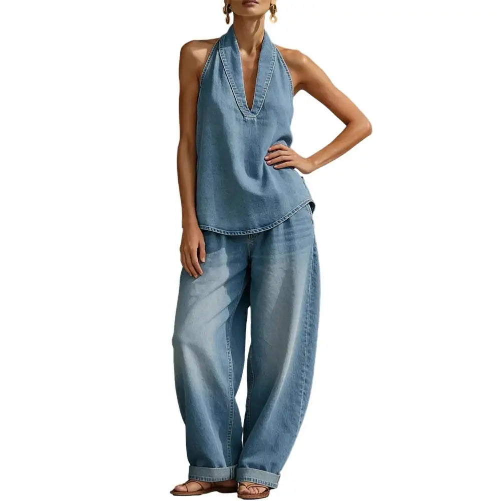 Women Denim Vest Pants Set Summer Vintage Washed Denim Sleeveless Hanging Neck V-neck tank top Straight Leg Pants OL Commuting