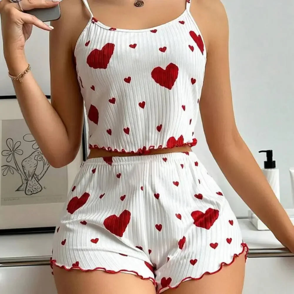 New Summer Thin Pajamas Solid Color Polyester Leisure Suit Homewear Set Sling Shorts Ladies