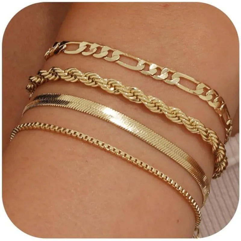 14K Gold plated Bracelets for Women Stack Layered Chunky Chain Bracelets Waterproof Link Cuff Bracelet Mothers' Day Jewelry Gift