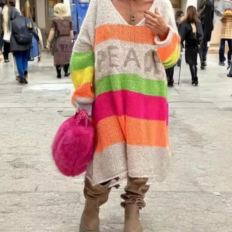 Women's Rainbow Striped V-Neck Sweater with Peace Letter Design - 3/4 Sleeve Loose Fit Casual Pullover for Autumn Winter