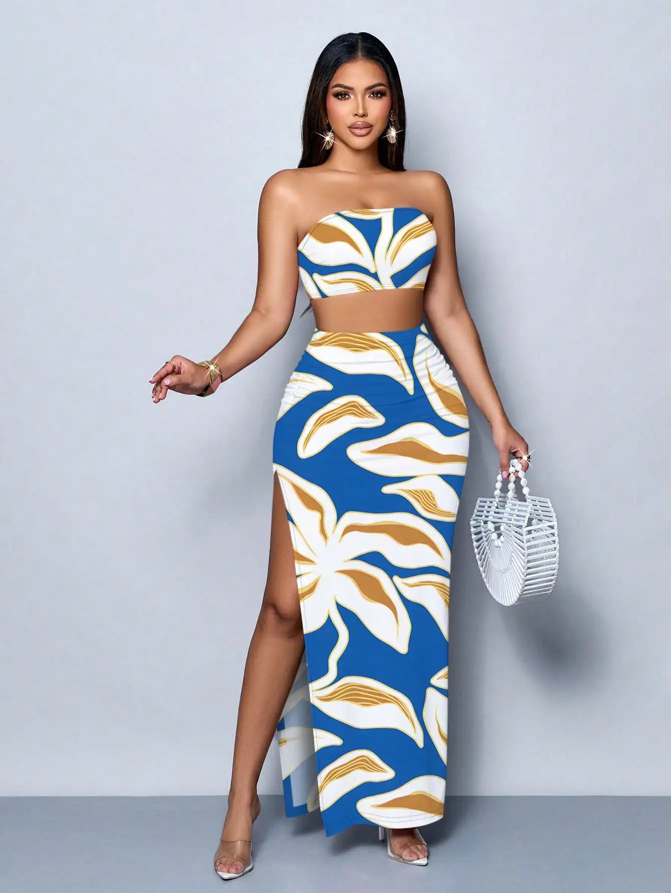 Abstract Print Strapless Two-Piece Set: Crop Top With High Slit Maxi Skirt