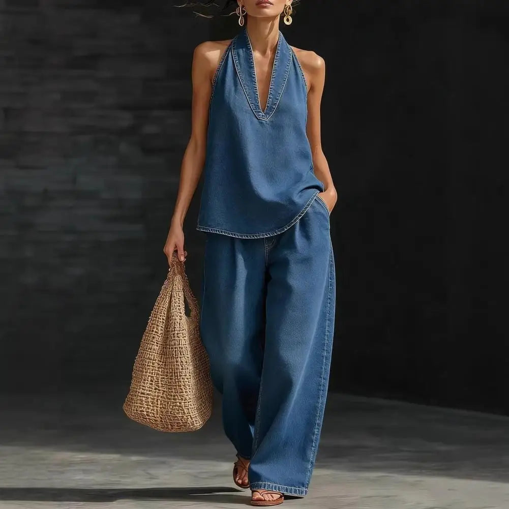 Women Denim Vest Pants Set Summer Vintage Washed Denim Sleeveless Hanging Neck V-neck tank top Straight Leg Pants OL Commuting