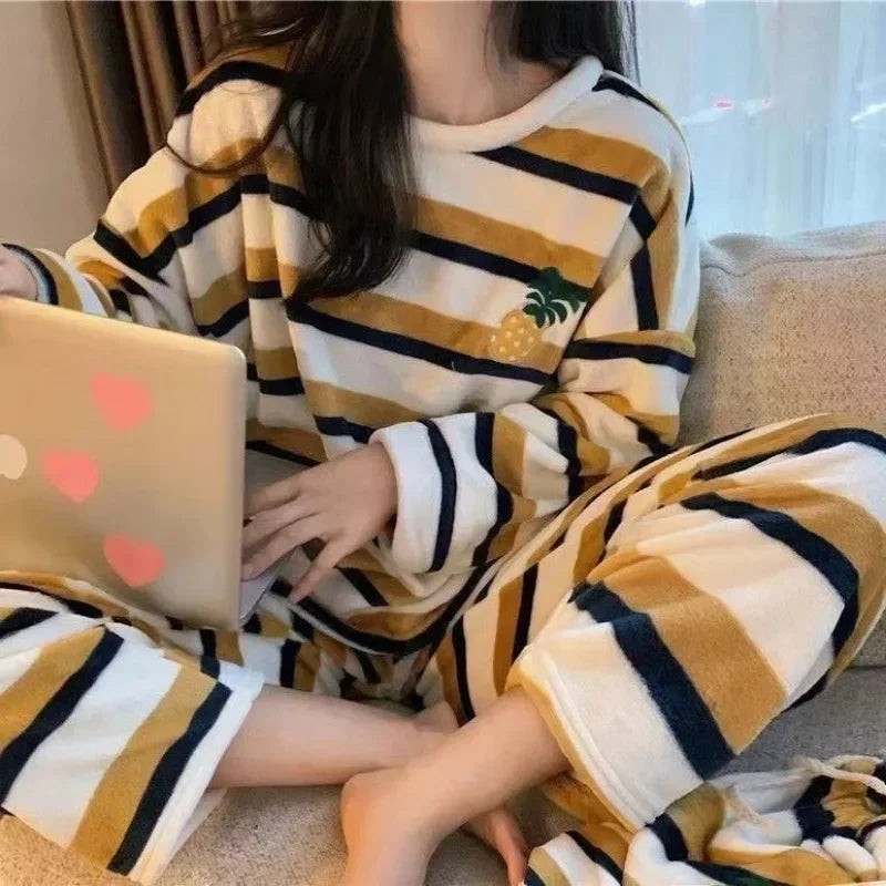 Thickened Warm Pyjamas Set for Women‘s Coral Velvet Sleepwear Student Long Sleeve Blue Striped Nightwear Homewear Cartoon Cute