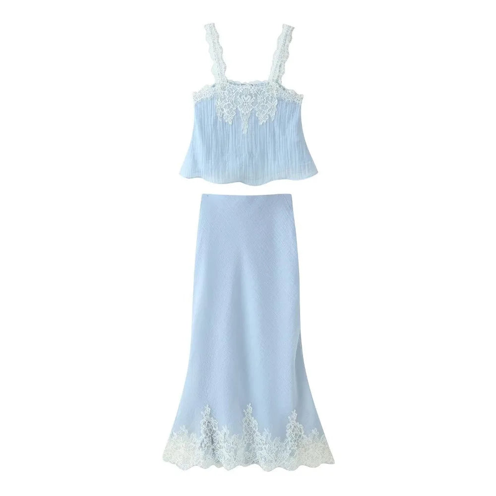 Women Lady Outfits Sexy Chic Skirt Suit Lace Cami Top Long Straight Skirt Women Fashion Spring Summer Beach Skirt 2 Piece Set