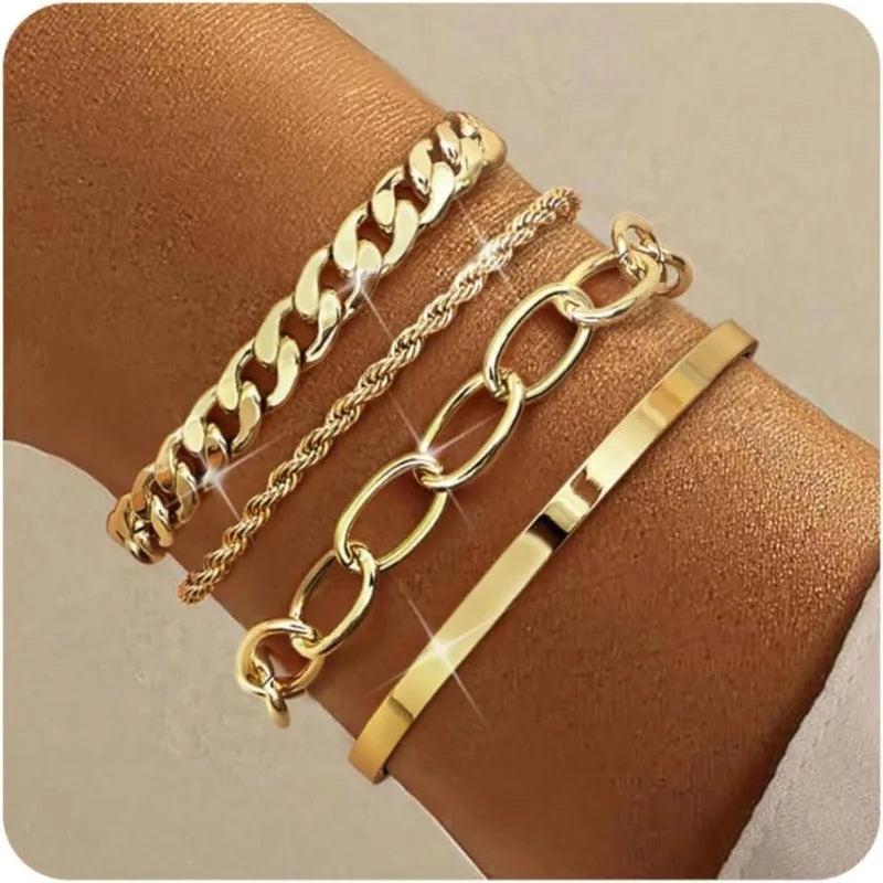 14K Gold plated Bracelets for Women Stack Layered Chunky Chain Bracelets Waterproof Link Cuff Bracelet Mothers' Day Jewelry Gift