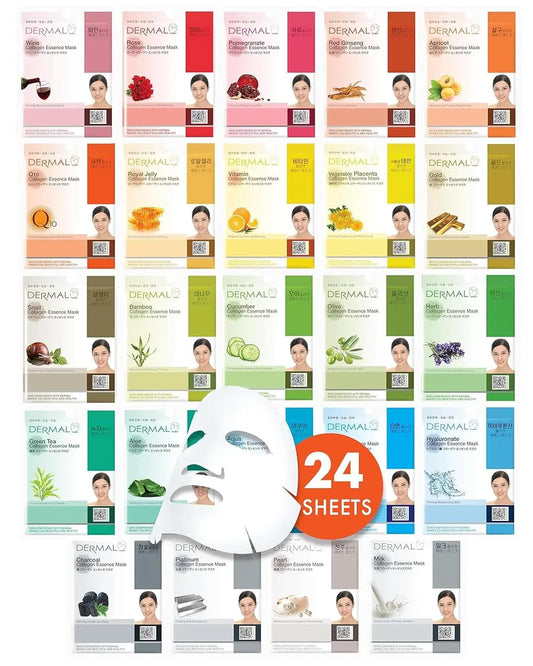Korean Facial Mask 24-Pack: Daily Skincare with Collagen & Vitamin for Hydration and Glow