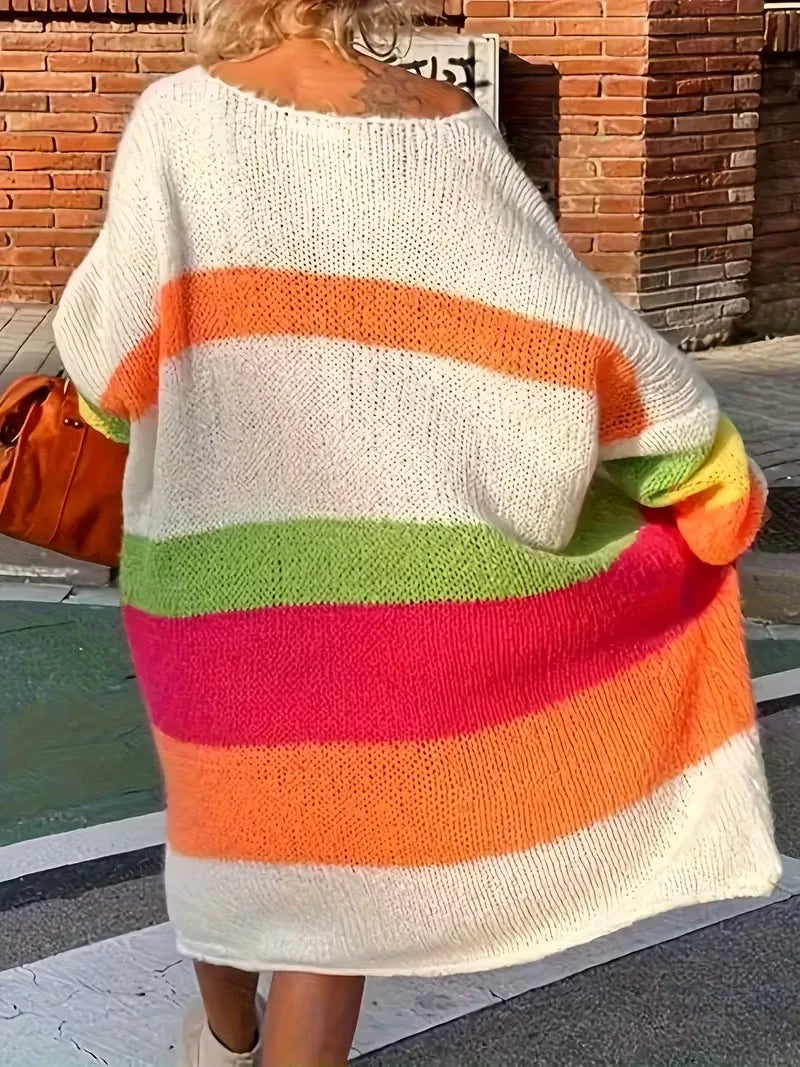 Women's Rainbow Striped V-Neck Sweater with Peace Letter Design - 3/4 Sleeve Loose Fit Casual Pullover for Autumn Winter