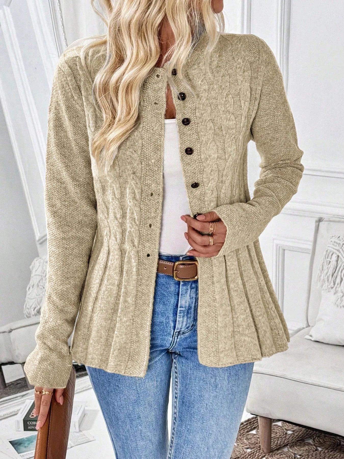 Women's simple solid color long sleeved cardigan knitted sweater for autumn and winter