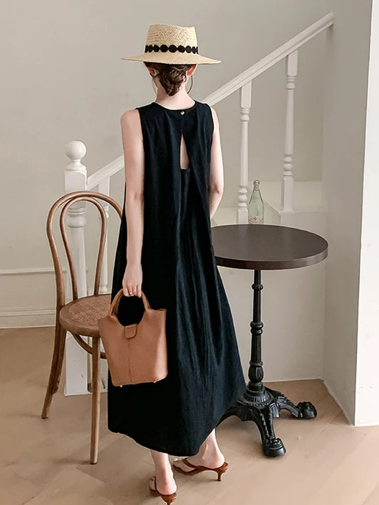 NYFS 2025 Summer New Korea Woman Dress Vestidos Robe Elbise Loose Plus Size Solid Sleeveless Backless Long Dress L-4XL