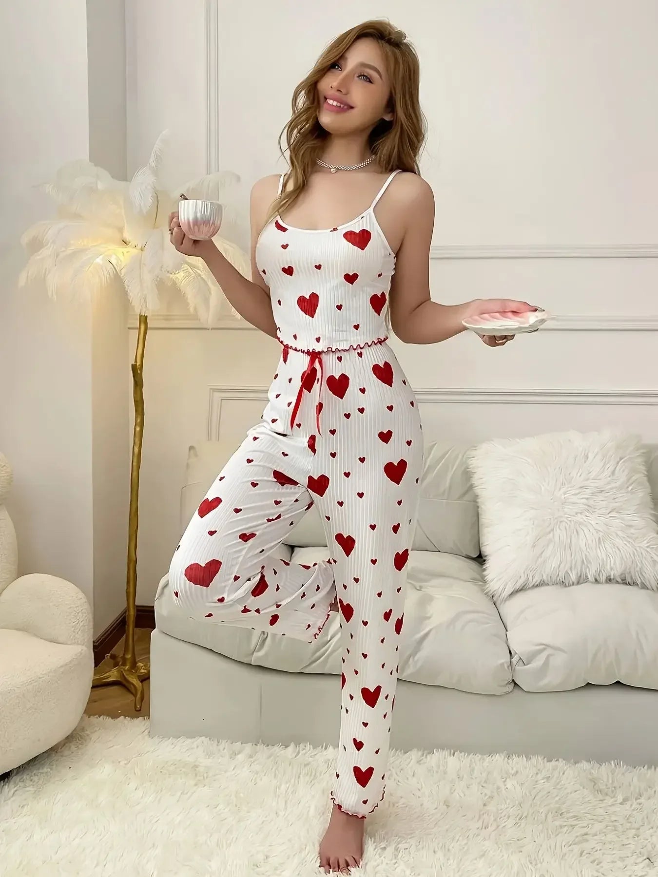 Autumn Winter Pajamas for Women Sleepwear Heart Print Sleeveless Cami Tops with Long Trouser 2 Pieces Set Loungewear