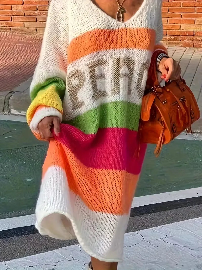 Women's Rainbow Striped V-Neck Sweater with Peace Letter Design - 3/4 Sleeve Loose Fit Casual Pullover for Autumn Winter