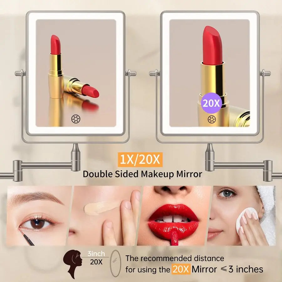 Mounted Makeup Mirror with Lights, 5000mAh Rechargeable Double Sided 1X 20X Magnifying Mirror with 3 Color Light, Touch Dimmable